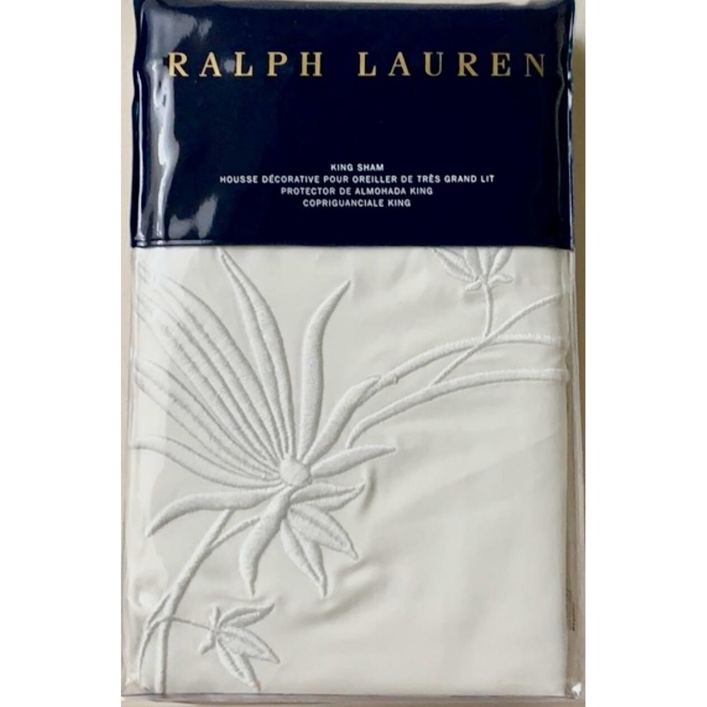 Ralph Lauren Hillsboro King Sham Cream Embroidered Floral 100% Cotton NEW